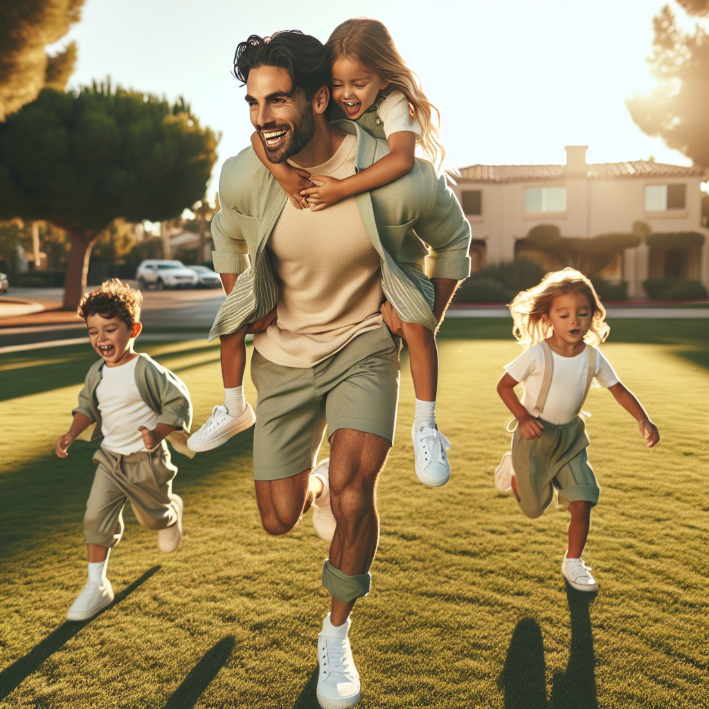 Dad playing with the kids in matching Recess Pieces outfits
